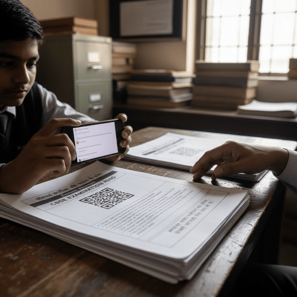 A young student in uniform scans a QR code on a stack of CBSE exam papers with a smartphone.