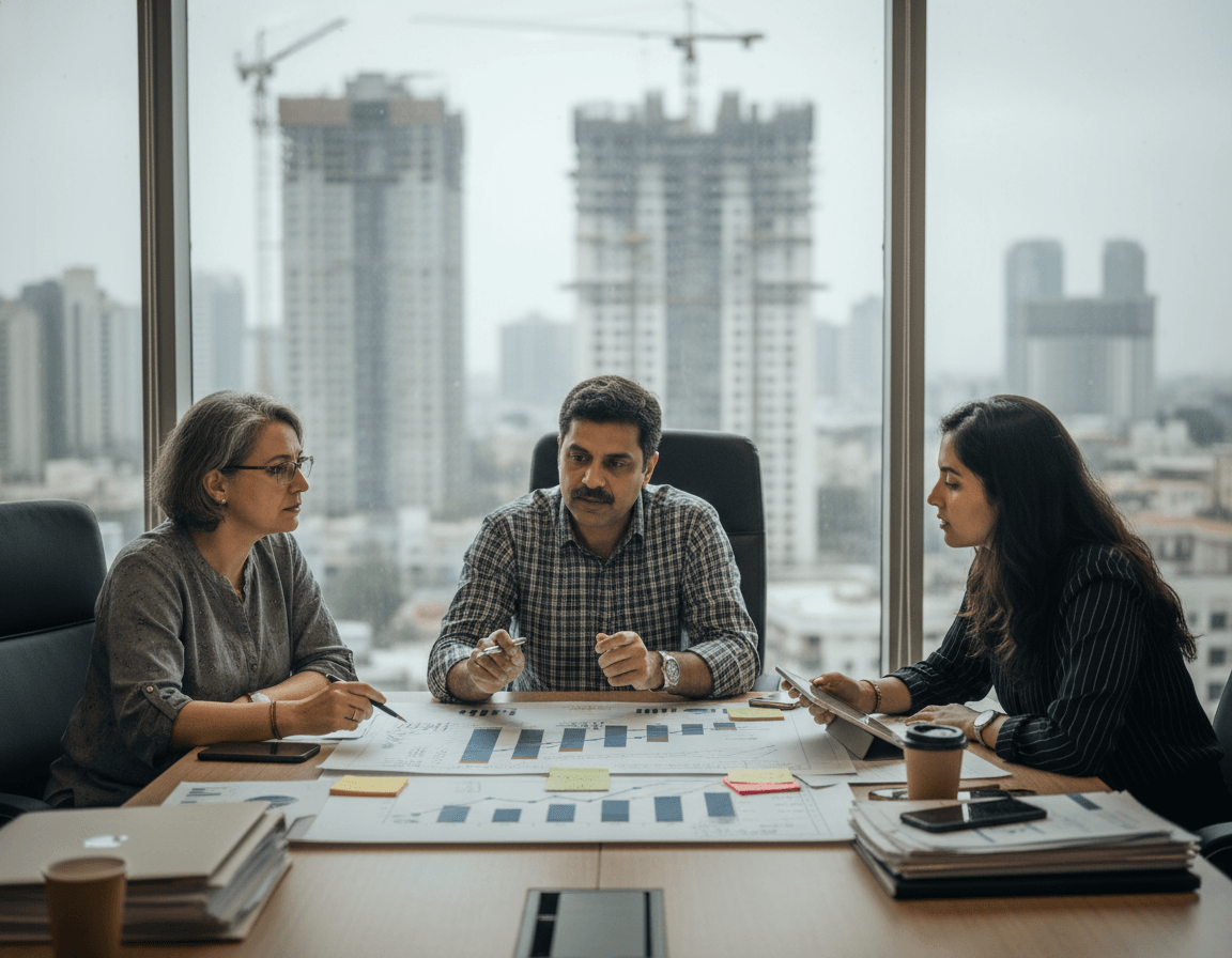 Three Indian professionals review financial charts and documents at a conference table, with city construction visible outside a large window.