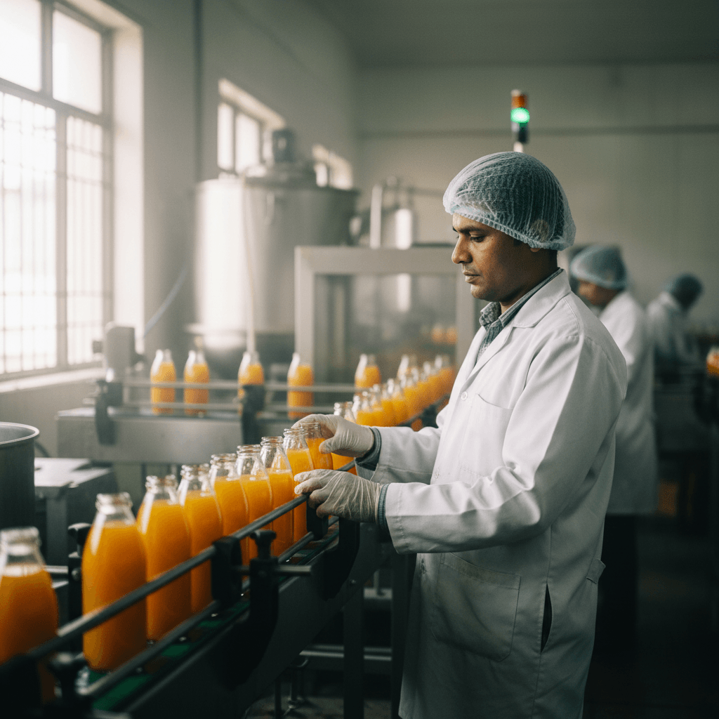 A man in a lab coat and hairnet inspects juice bottles moving along a conveyor belt in a factory.