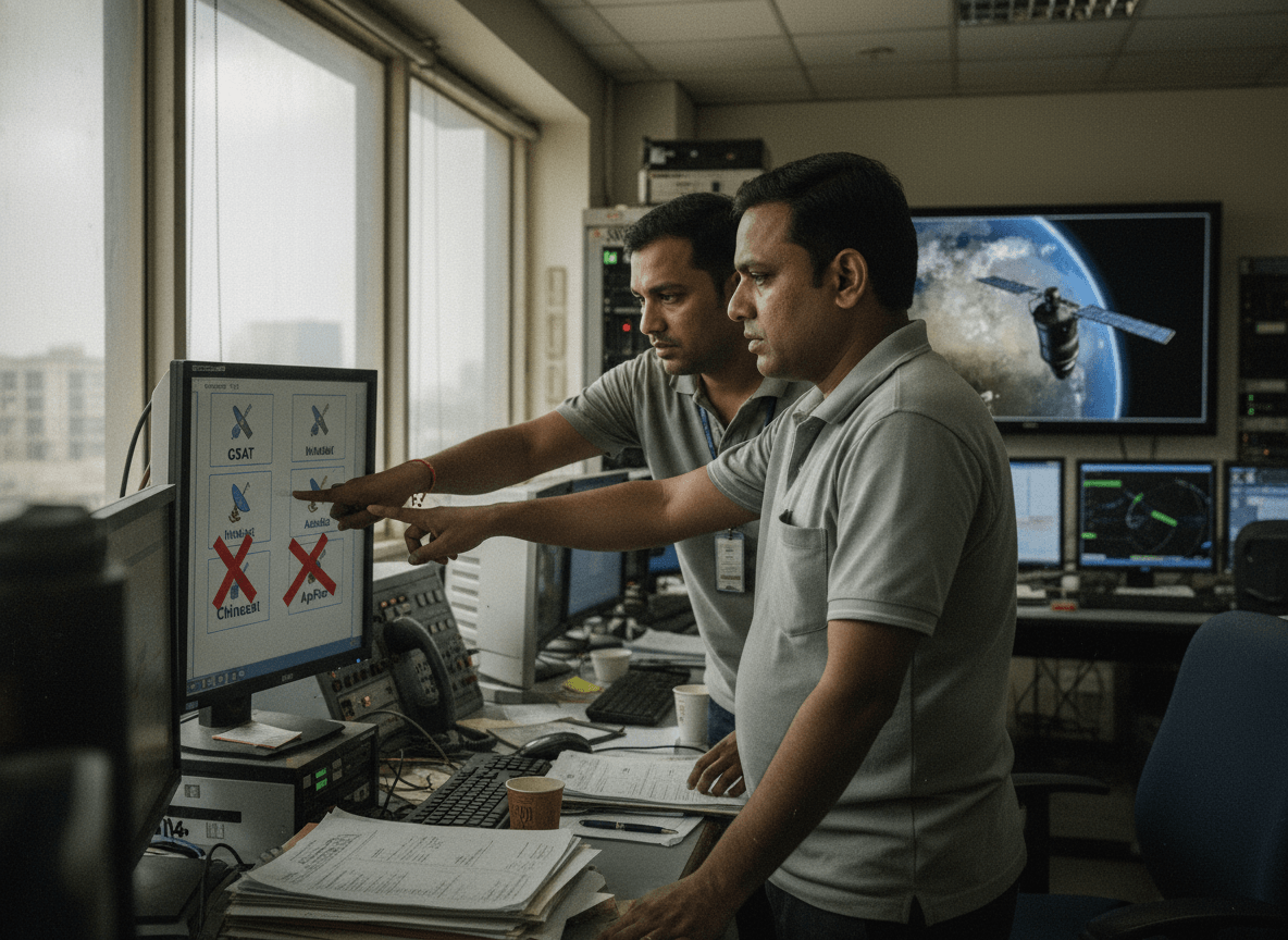 Two male engineers in a control room, one pointing at a screen showing satellite names, some crossed out.