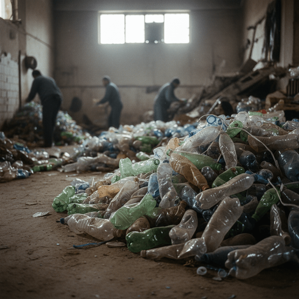 A low-angle shot of a huge pile of discarded PET plastic bottles in a factory, with workers in the background.