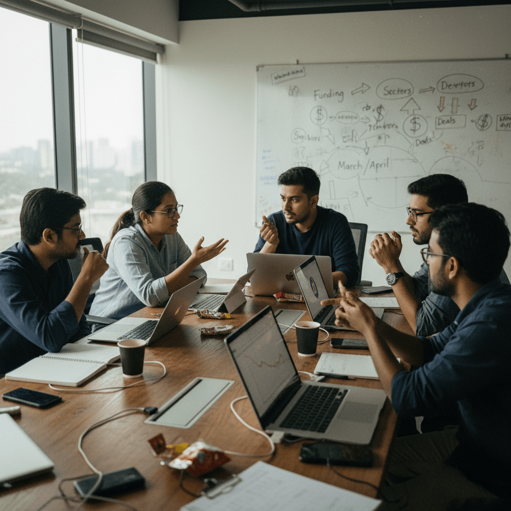 A group of five Indian startup founders, two women and three men, in a meeting room, discussing funding and market trends.