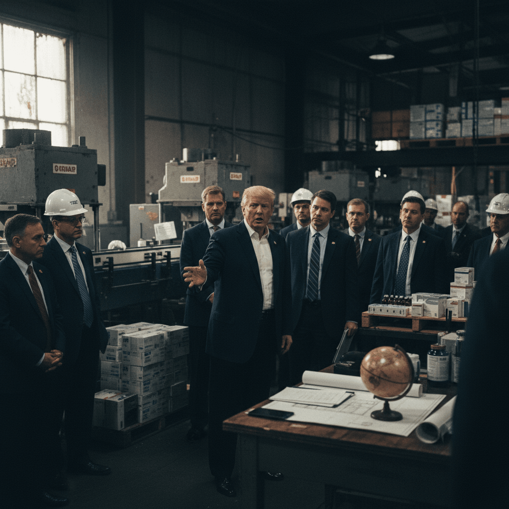 Donald Trump, in a dark suit, gestures while speaking to a group of men in a dimly lit factory.