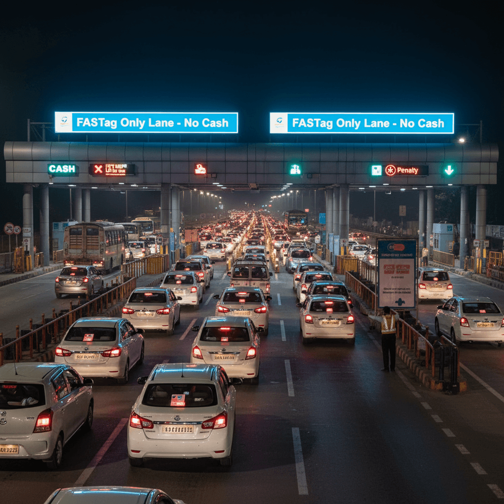 A wide shot of a multi-lane toll plaza at night, with many cars and trucks backed up. Blue "FASTag Only Lane - No Cash" signs are prominent above.