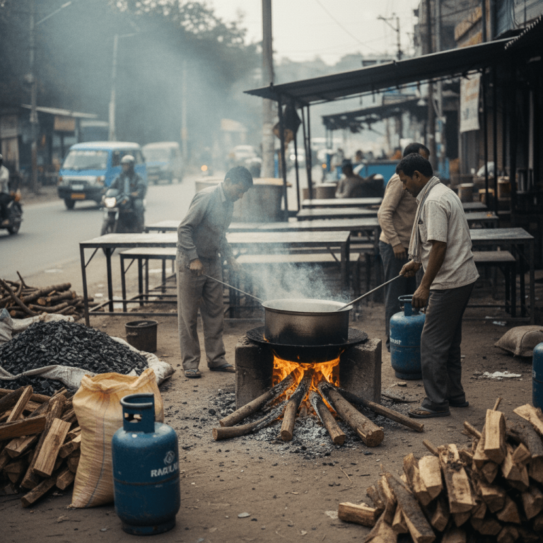 Two men cook over an open wood fire on a dusty roadside in Rishikesh, surrounded by piles of wood, coal, and blue LPG cylinders.