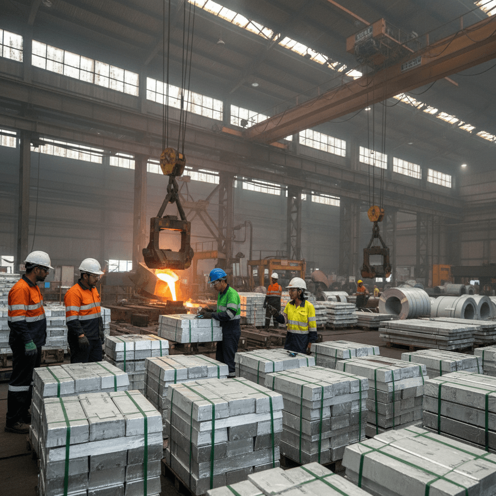 Wide shot of a metal fabrication plant with workers in hard hats and safety gear, molten metal pouring into molds.