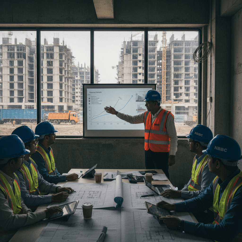 A group of construction professionals in hard hats and vests attend a meeting with charts projected on a screen.