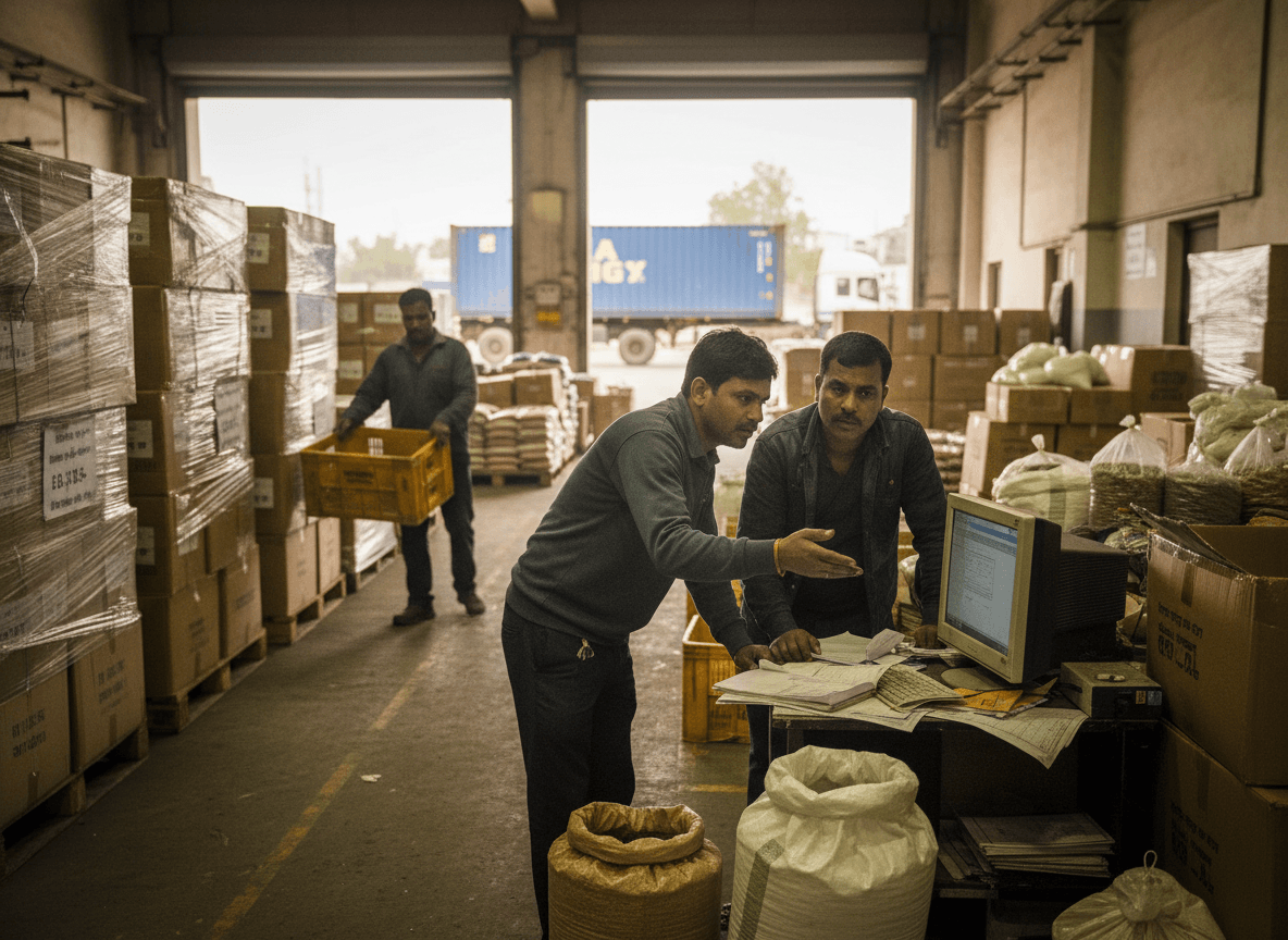 Two men in a warehouse discuss logistics on a computer, surrounded by packed boxes and sacks, with trucks visible outside.