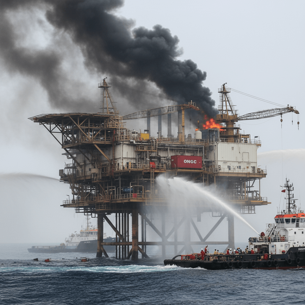 An offshore oil platform engulfed in flames and thick black smoke, with multiple tugboats spraying water onto the structure.
