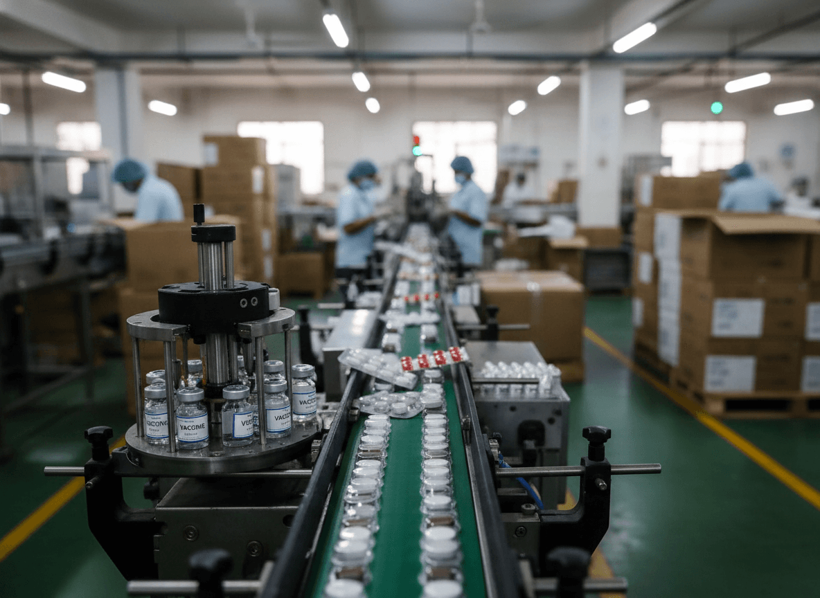 A wide shot of a pharmaceutical factory floor with workers in the background and a conveyor belt in the foreground carrying vaccine vials and blister packs of pills.