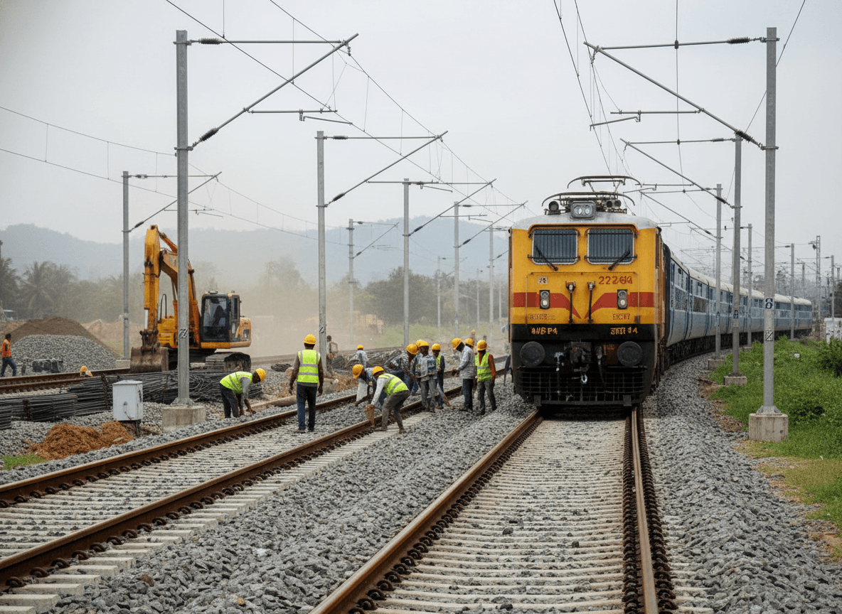 A documentary photograph shows railway workers in hard hats laying new tracks next to an active train line.