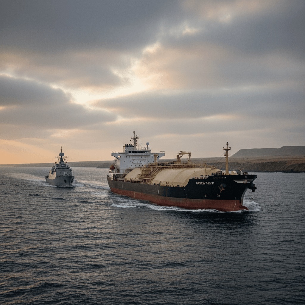 An Indian LPG carrier with the name "Green Sanvi" on its bow is escorted by an Indian Navy warship through open waters.