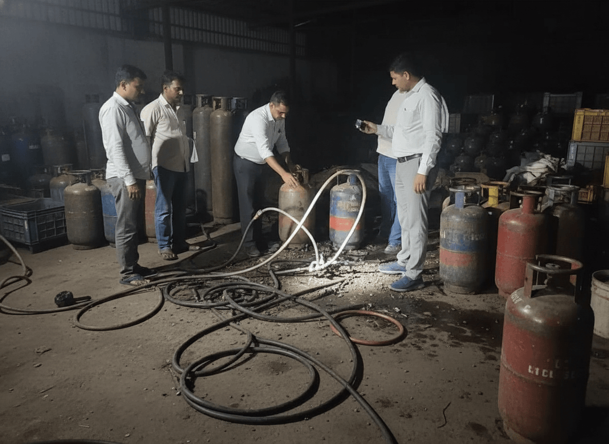 Officials inspect seized LPG cylinders and equipment used for illegal gas transfer in a dimly lit warehouse.