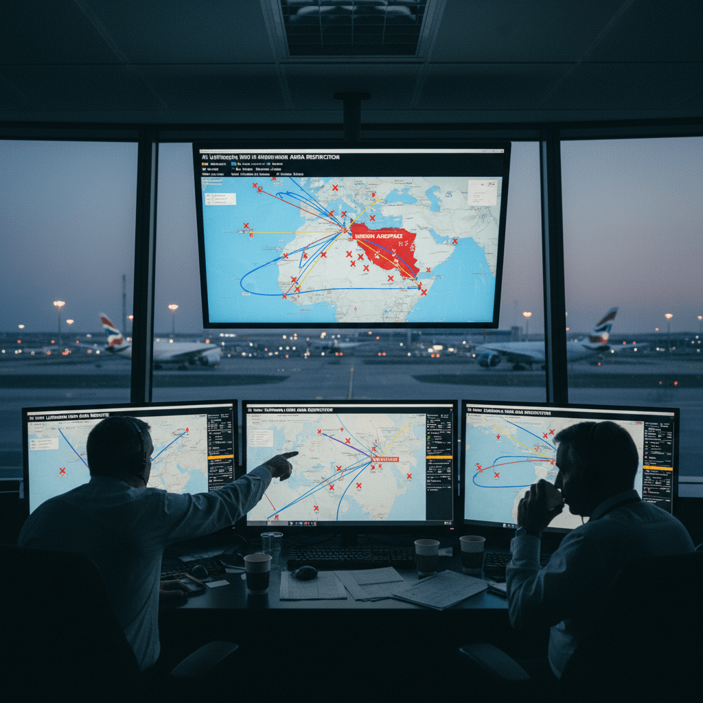 Two air traffic controllers in a control tower, one pointing at a large screen displaying flight paths and restricted airspace.