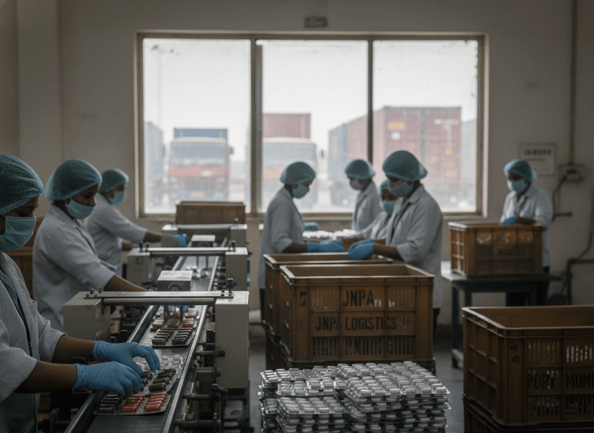 Pharmaceutical factory workers in hairnets and masks package medicines, with a window view of shipping trucks and containers.