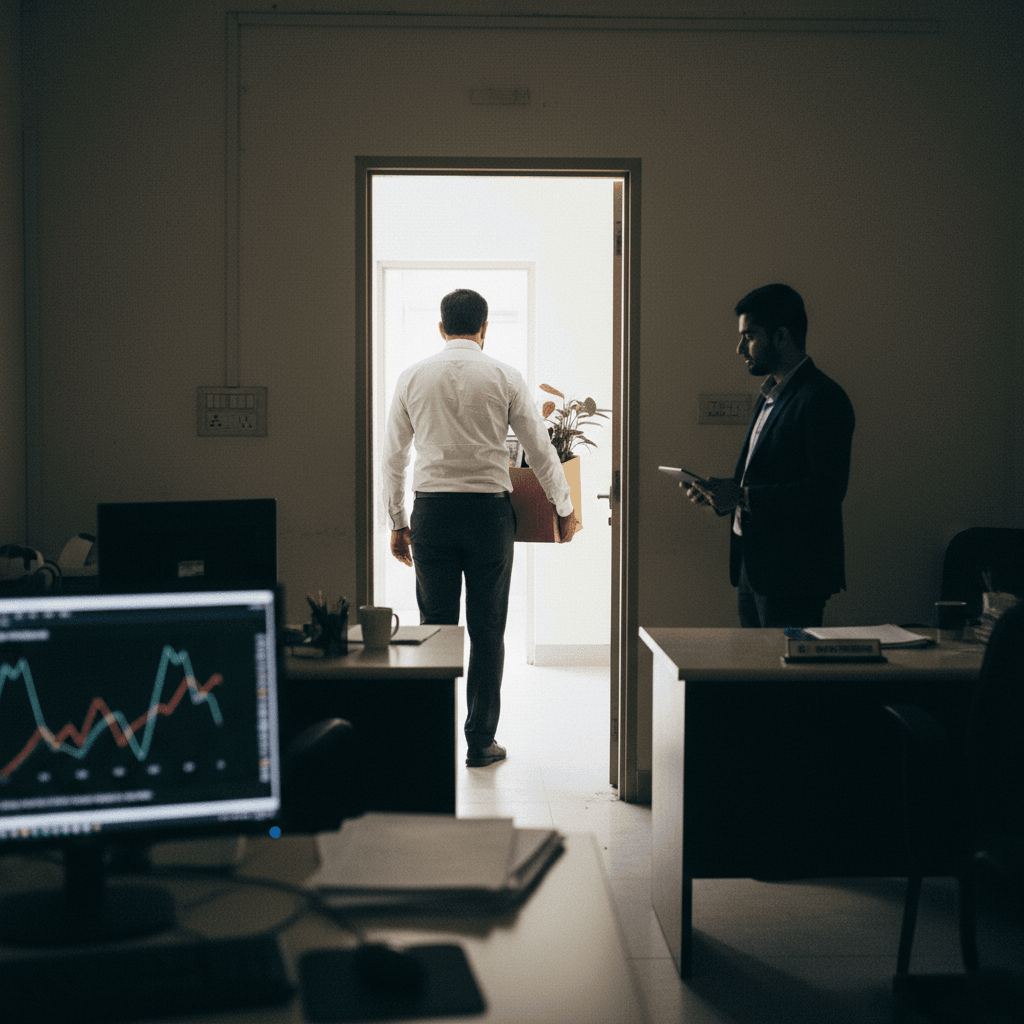 A man in a white shirt carries a box with a plant out of an office, while another man in a suit stands by a desk.