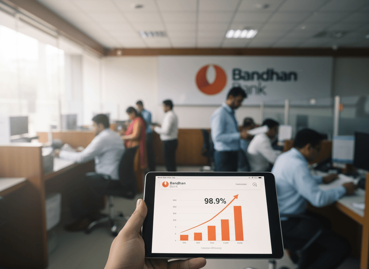 A hand holds a tablet showing a graph with 98.9% collection efficiency, with bank employees working in the background.