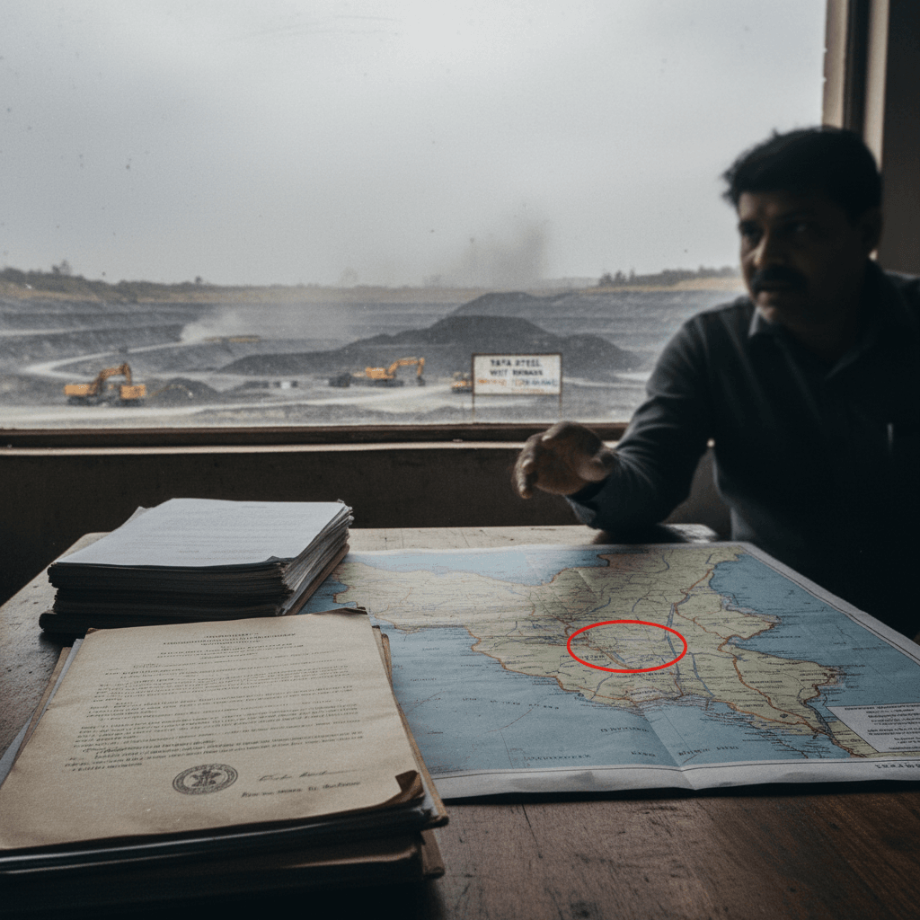 A man sits at a desk with a map and legal documents, pointing towards a coal mine visible through a window.