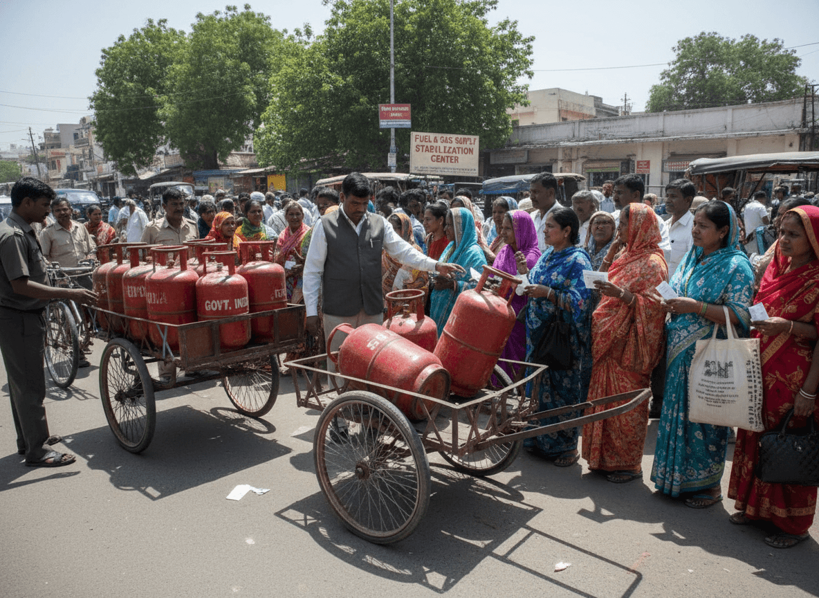 A government official hands out red gas cylinders to a queue of people on a busy street, with carts full of cylinders.