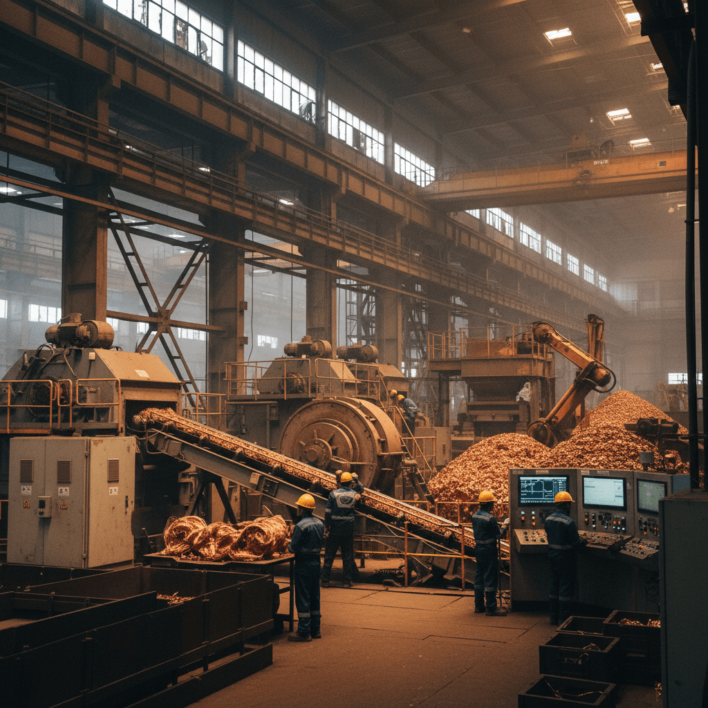 Wide shot of a copper processing plant with workers, machinery, and piles of raw copper material.