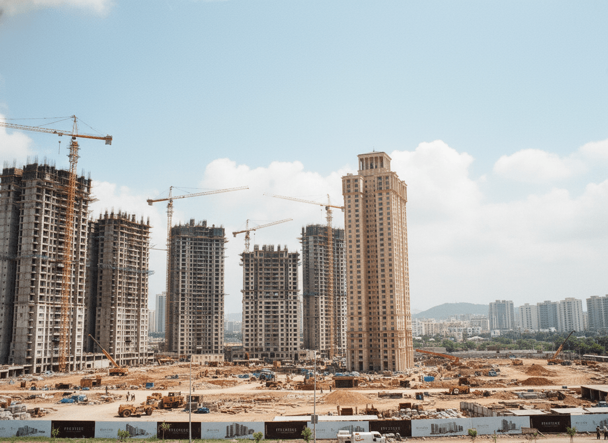 A wide shot of a large construction site in Hyderabad with multiple tall residential buildings in various stages of completion.
