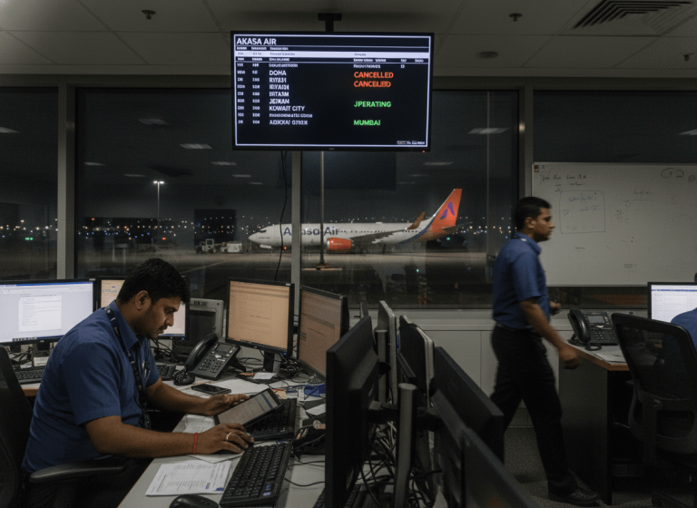 Two air traffic controllers in a control room, one working at a desk, the other walking. A flight status board shows "CANCELLED" next to Doha and Riyadh. An Akasa Air plane is visible on the tarmac outside a large window in the background.
