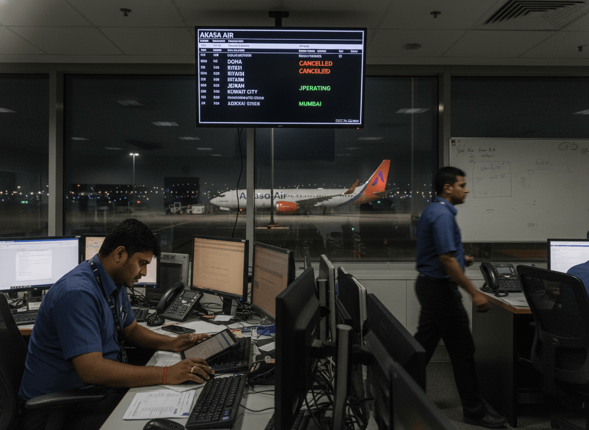 Two air traffic controllers in a control room, one working at a desk, the other walking. A flight status board shows "CANCELLED" next to Doha and Riyadh. An Akasa Air plane is visible on the tarmac outside a large window in the background.