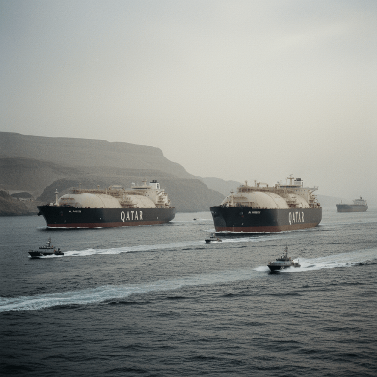 Two large LNG tankers, "AL MASSIYA" and "AL AAMRIYA", escorted by several smaller patrol boats, navigate through a strait.