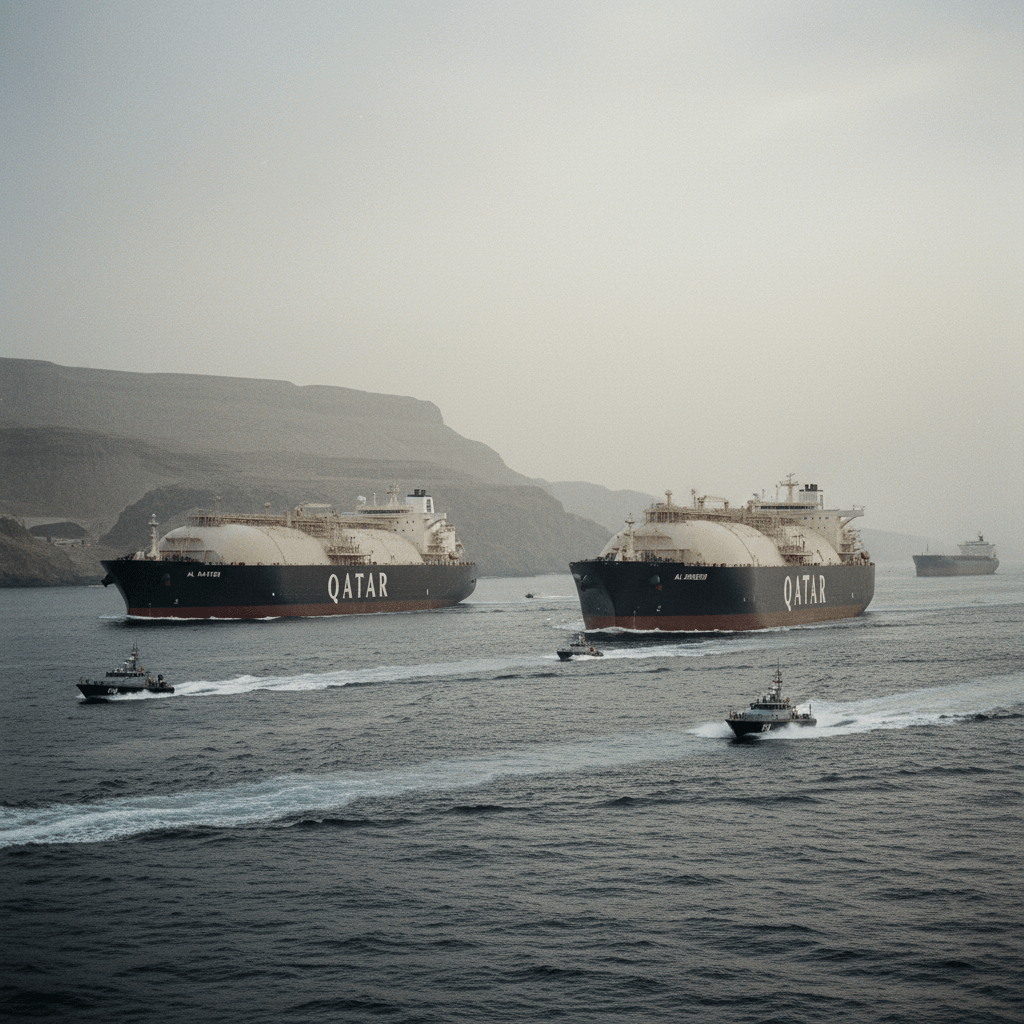 Two large LNG tankers, "AL MASSIYA" and "AL AAMRIYA", escorted by several smaller patrol boats, navigate through a strait.