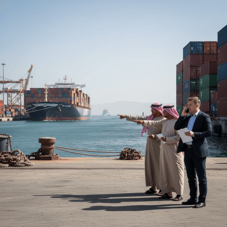 Three men, two in traditional Emirati dress and one in a suit, stand on a dock pointing towards a large container ship.