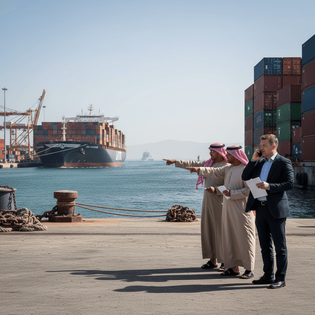 Three men, two in traditional Emirati dress and one in a suit, stand on a dock pointing towards a large container ship.