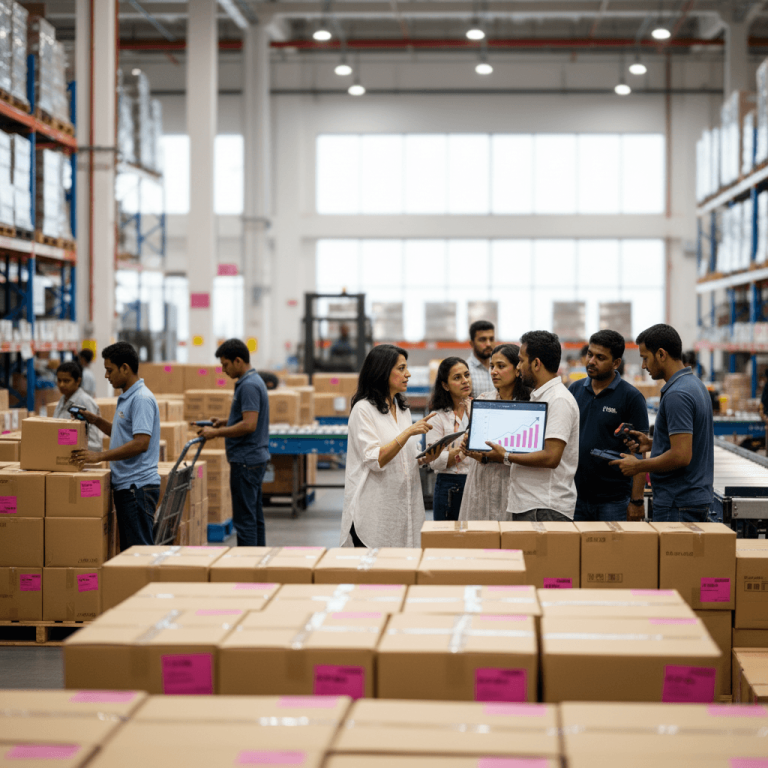 A diverse team of logistics workers and managers review data on a laptop and tablet amidst rows of boxes in a warehouse.
