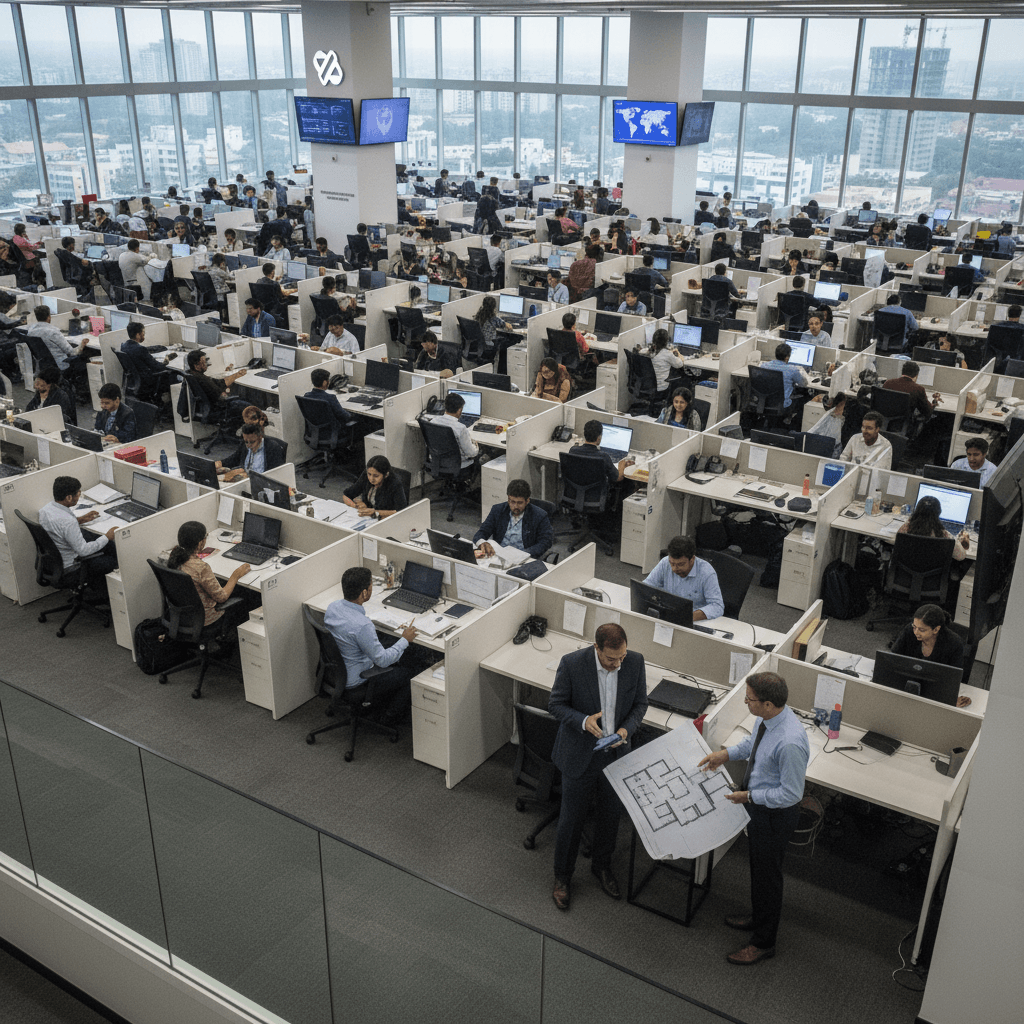 High-angle view of a bustling modern office in India with many employees working at cubicles.