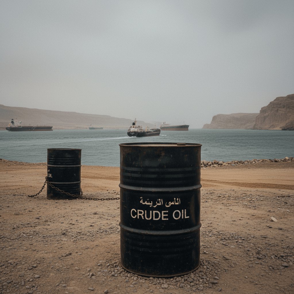 Two crude oil barrels chained together on a rocky shore, with cargo ships visible in the Strait of Hormuz under an overcast sky.