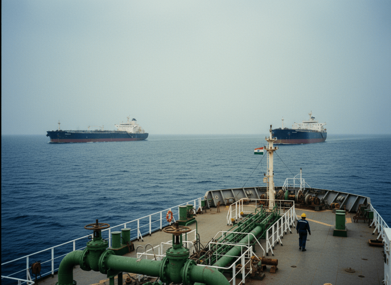 A wide shot from the deck of an Indian LPG tanker, showing other large cargo ships on the horizon under an overcast sky.