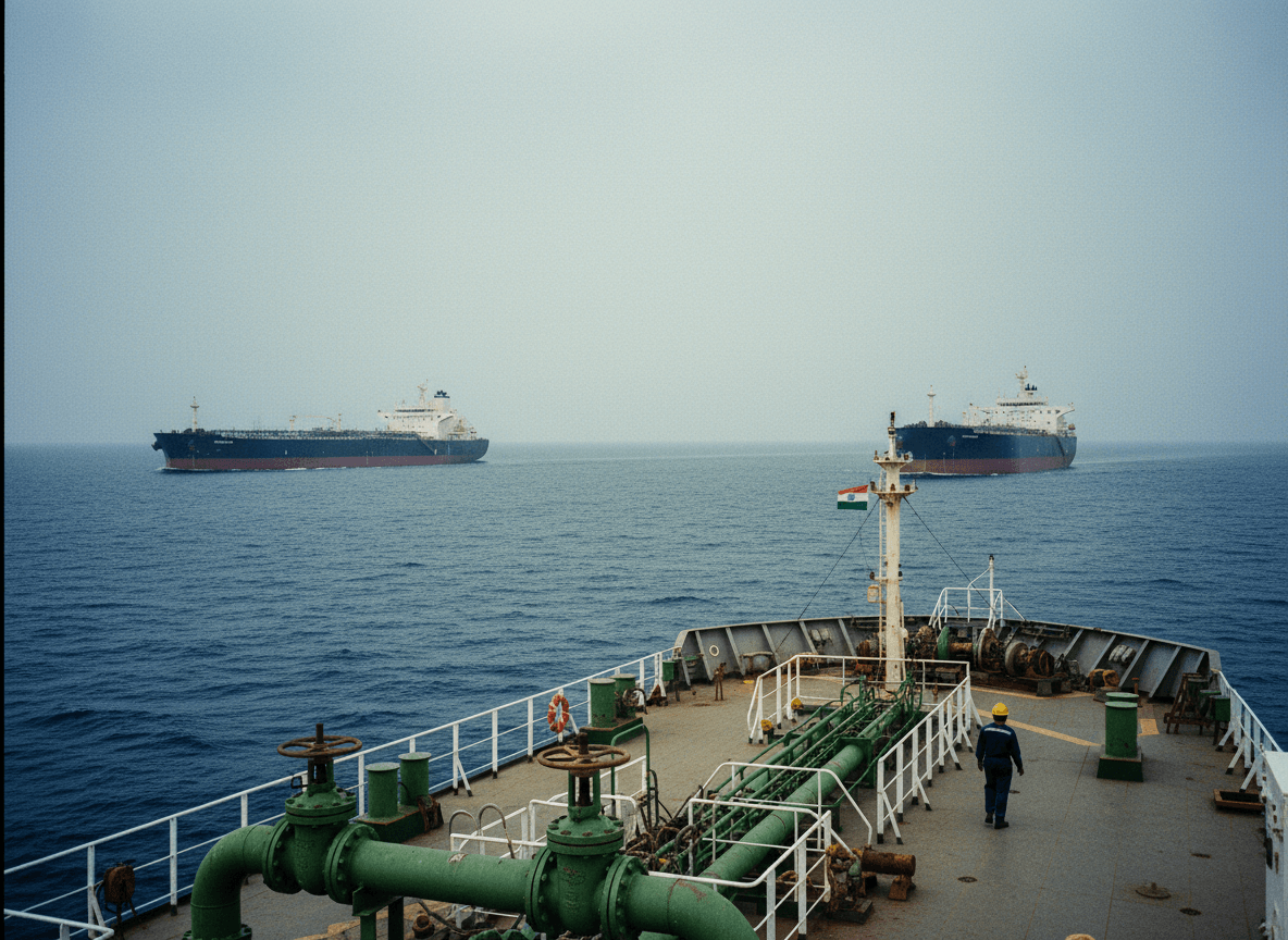 A wide shot from the deck of an Indian LPG tanker, showing other large cargo ships on the horizon under an overcast sky.