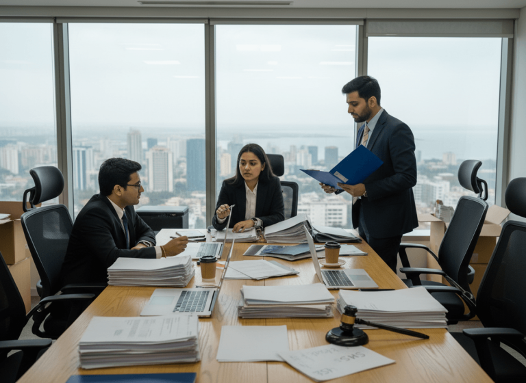 Three legal professionals, two men and one woman, in suits, gather around a large wooden conference table filled with documents, laptops, and coffee cups. A gavel rests on the table. Through large windows, a city skyline is visible under an overcast sky.