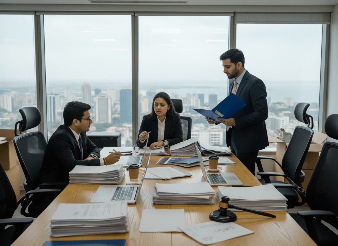 Three legal professionals, two men and one woman, in suits, gather around a large wooden conference table filled with documents, laptops, and coffee cups. A gavel rests on the table. Through large windows, a city skyline is visible under an overcast sky.