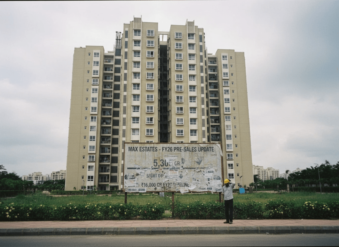 A wide shot shows a large, weathered billboard in front of a tall, modern apartment building under an overcast sky.