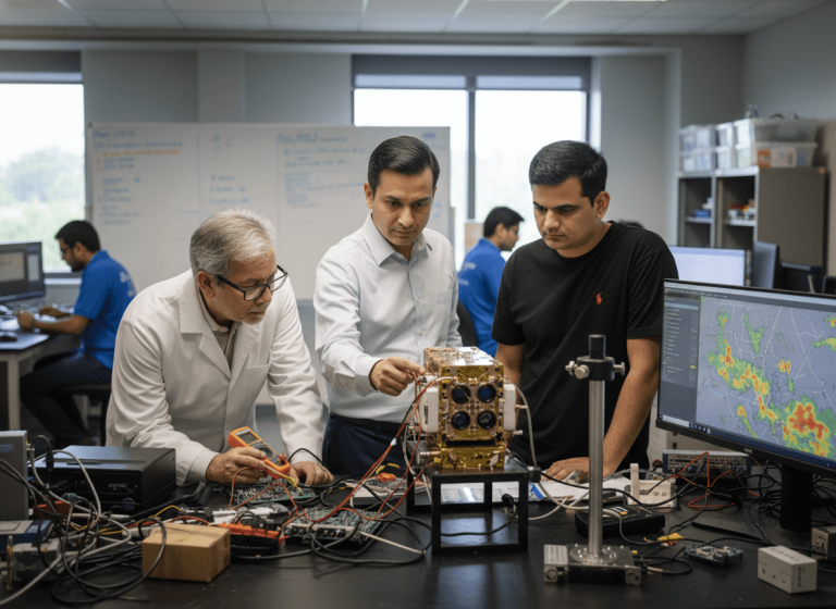 Three engineers in a lab, two focused on a satellite model and electronic components, another monitoring data on a screen.