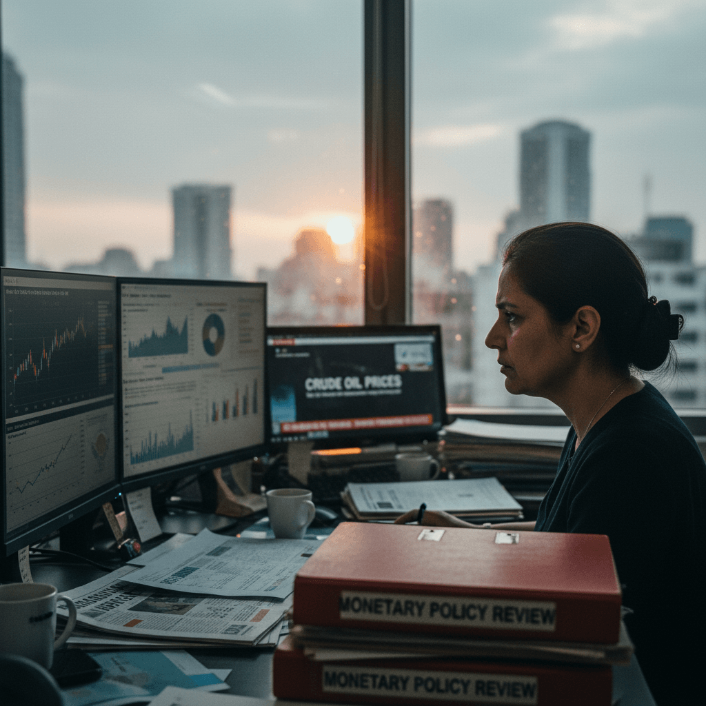 A woman intently looking at multiple computer screens displaying financial charts and news headlines about crude oil prices.