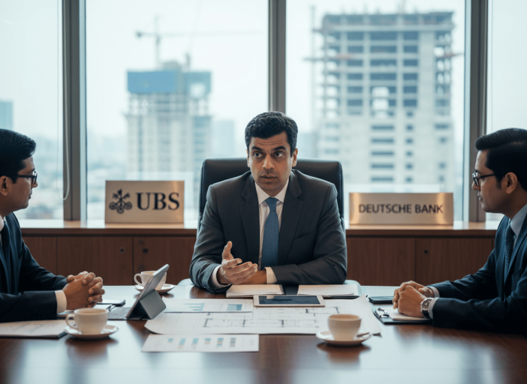 A man in a suit, Gaurav Arora, gestures while speaking at a conference table with two colleagues. City skyline in background.