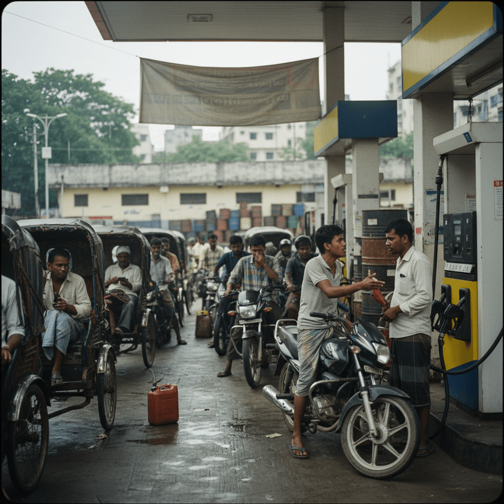 A candid street photograph of people on motorcycles and rickshaws waiting in a long queue at a gas station.