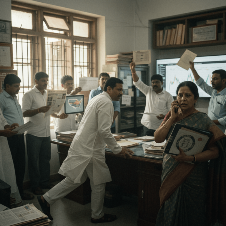 A busy office scene with Indian political figures discussing documents and allegations, creating an atmosphere of urgent debate.