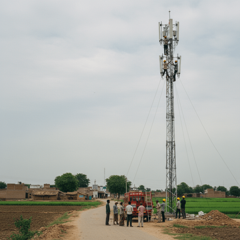 Several workers in hard hats and safety vests are on and around a tall cell tower in a rural Indian landscape.