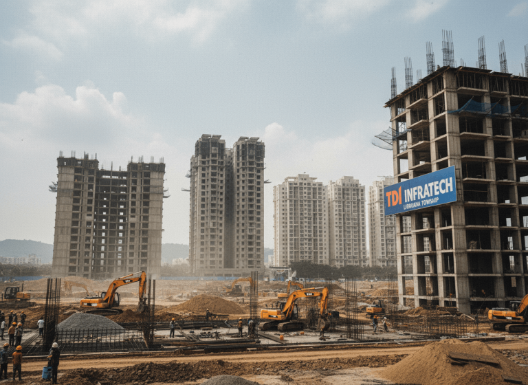 A wide shot of a dusty construction site with multiple excavators, piles of dirt, and several partially built high-rise buildings under a cloudy sky.