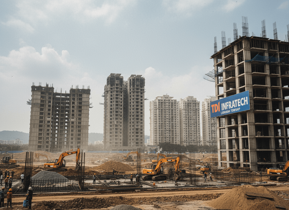 A wide shot of a dusty construction site with multiple excavators, piles of dirt, and several partially built high-rise buildings under a cloudy sky.