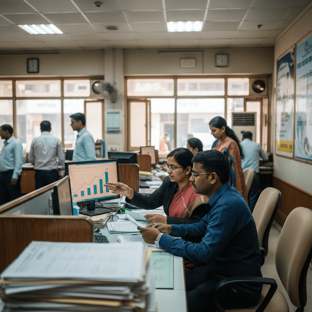 Two bank employees, an Indian man and woman, discuss a bar graph showing growth on a desktop monitor in a bustling office.