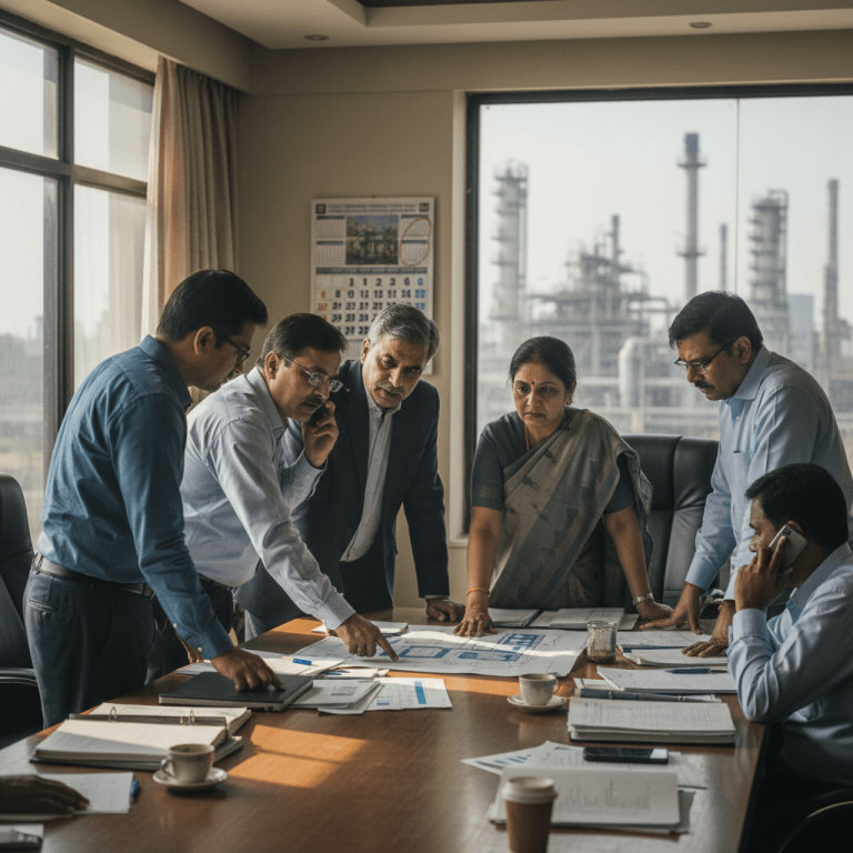 A group of Indian government and industry officials in a meeting room, intensely discussing documents and plans on a large table.