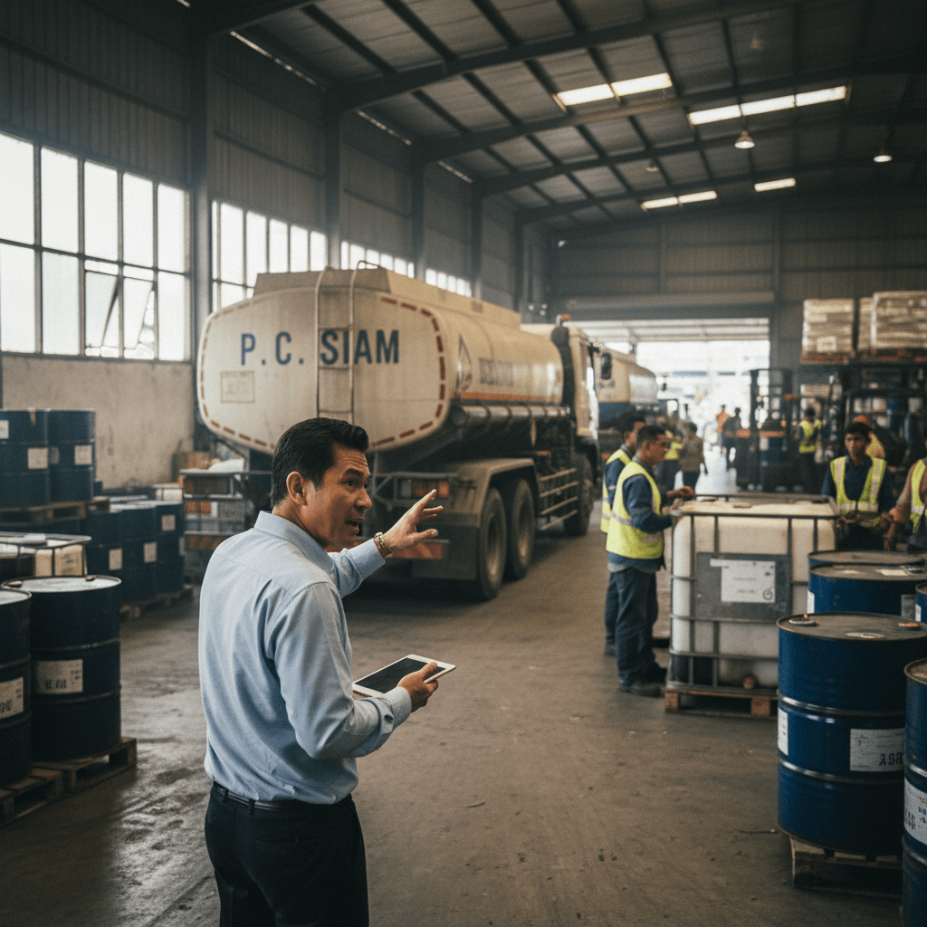 A man in a blue shirt gestures while holding a tablet in a bustling fuel depot, with a P C Siam tanker truck behind him.